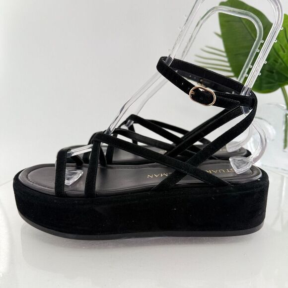 Stuart Weitzman Summerlift Platform Strappy Sandal Round Toe Black Size 10 Flat - Picture 8 of 16